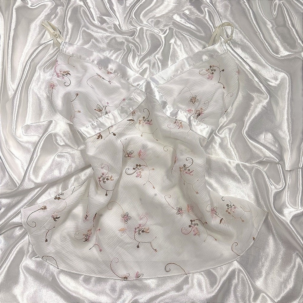y2k Camisole Top White Excellent Floral Embroidered Satin Trim Poetry Clothing